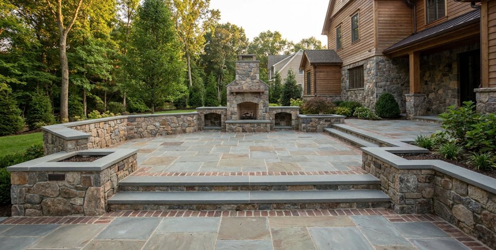 Stone patio with retaining walls, steps, and outdoor fireplace beside a home in a wooded yard