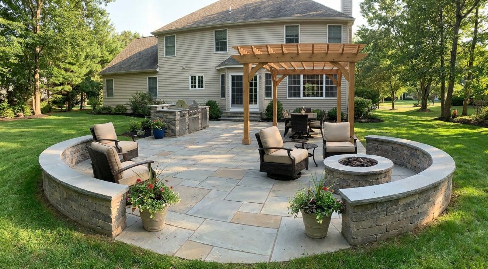 Backyard patio with pergola, stone fire pit, seating area, and landscaped yard behind a suburban home