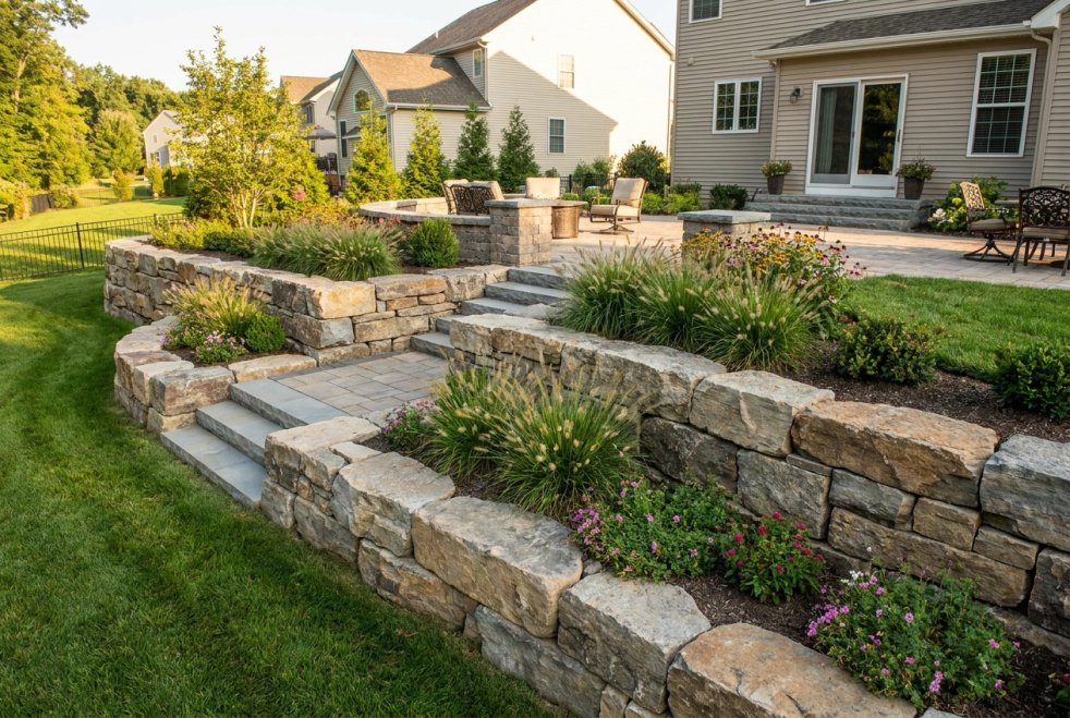 Stone retaining wall with steps and landscaping in a backyard beside a suburban home