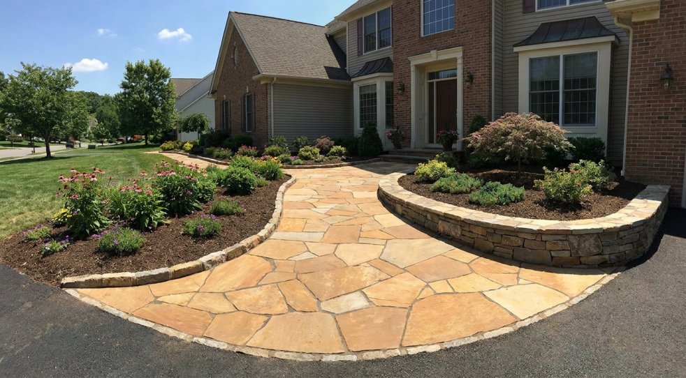 Curved stone walkway leading to a brick home with landscaped flower beds and retaining walls
