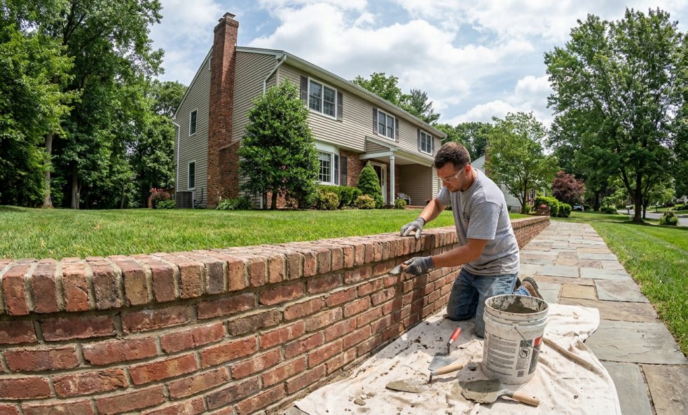 Mason repairing a brick retaining wall along a suburban homeâs front walkway