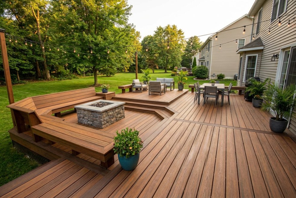 Spacious backyard deck with built-in seating, fire pit, and outdoor dining area beside a home in Oakland, NJ