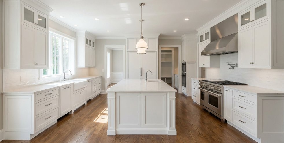 Updated kitchen with white cabinets, large island, stainless steel appliances, and hardwood floors